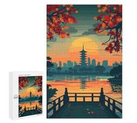 Puzzles pour Adolescents 1000 PCS Japanese Pagoda Sunset Landscape Illustration Puzzles pour Adultes Jeux Familiaux pour S'amuser en Famille Offrez des Cadeaux pour Toute La Famille 1000 PCS