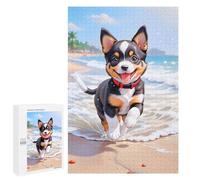 Puzzles Pour Adolescents 1000 PCS Puzzles A Very Cute Adorable Puppy, Black Red White Combined Complexion, Playing at Sea Beach, Ver Puzzle Jeu Manuel Décoration Murale Idéal Comme Cadeau Pour Toute L