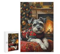 Puzzles pour Adolescents 1000 PCS Schnauzer in Christmas Sweater by Fireplace Cozy Christmas Dog Art Puzzles pour Adultes Jouets Anti-Stress pour S'amuser en Famille Interaction Parent-Enfant 1000 PC