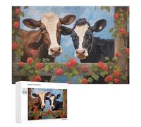 Puzzles pour Adolescents 1000 PCS Two Cows Behind A Fence with Red Roses Puzzle Anti-Stress, Jouet Idéal pour Une Décoration Amusante À La Maison, 1000 PCS