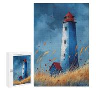 Puzzles pour Adolescents 1000 PCS Watercolor Lighthouse Art Blue Lighthouse with Grasses Calm Coastal Print Puzzles pour Adultes, Jouets Anti-Stress, Activités Amusantes À Faire À La Maison, 1000 PC