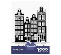 Puzzles Pour Adolescents - 1000 Pièces Amsterdam Buildings Black And White Illustration Puzzles Pour Adolescents - Idéal Pour S'amuser En Famille - Cadeau Original Pour Un Anniversaire Ou Noël 52x38cm