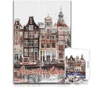 Puzzles pour Adolescents 1000 pièces Amsterdam Ville Aquarelle Vacances à la Maison Jeu Manuel pour Passer Le Temps Cadeaux de Père Noël Secret (Taille 38x52cm)