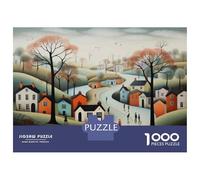 Puzzles pour Adolescents 1000 Pièces Autumn Village Scene with People Walking Puzzle Adulte Jeux De Société en Famille Anti-Stress Jeu Stimulant Cadeaux 38x26cm/1000pcs