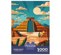 Puzzles pour Adolescents 1000 Pièces Aztec Pyramid Illustration Teotihuacan Puzzles pour Adultes Jeu De Réflexion pour Améliorer La Mémoire Activités Amusantes À La Maison 52x38cm/1000pcs