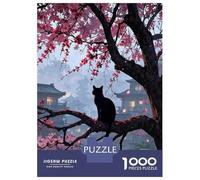 Puzzles Pour Adolescents 1000 Pièces Black Cat in Japanese Cherry Blossoms Puzzle Pour Adolescents - Idéal Pour Passer Le Temps À La Maison, Pour Un Anniversaire, Noël, Des Jeux En Famille Et Des Soir
