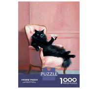 Puzzles pour Adolescents 1000 Pièces Black Cat with Martini in Pink Chair Puzzle Jeu Manuel pour S'amuser en Famille Cadeaux Uniques pour Anniversaire Et Noël 70x50cm/1000pcs