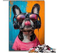Puzzles pour Adolescents 1000 pièces Bulldog écoutant de la Musique, Jeu éducatif Familial avec pièces entièrement emboîtables de Formes aléatoires 50x75cm