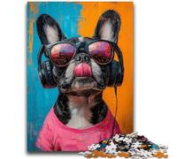 Puzzles pour Adolescents 1000 pièces Bulldog écoutant de la Musique Jouets éducatifs Jeux de Famille Cadeaux pour Amis et Famille 26x38cm