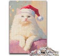 Puzzles pour Adolescents 1000 pièces Chat Blanc Portant Un Chapeau de Père Noël Jeu éducatif Familial Décoration Murale Cadeaux d'anniversaire et de Noël Uniques 26x38cm