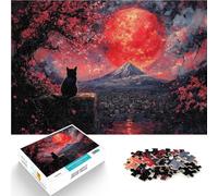 Puzzles pour Adolescents 1000 pièces Chat Noir sous la Lune Rouge Assemblage du modèle Car C'est Un pour Toute la Famille 52x38cm