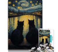 Puzzles pour Adolescents 1000 pièces Chat Noir sous Le Ciel Nocturne, Analyse et logique, avec pièces de Formes aléatoires entièrement emboîtables, à partir de 14 Ans, 38x26cm