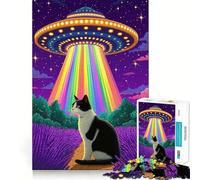 Puzzles pour Adolescents 1000 pièces Chat,OVNI et Champ de Lavande Jeu aux Bords Nets Résolution de problèmes Amusant Jeu de Relaxation Cadeau d'anniversaire Activité Artistique (38x26cm)