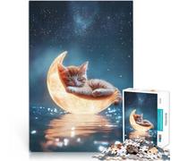 Puzzles pour Adolescents 1000 pièces Chaton endormi sur la Lune Analyse et logique avec Affiche et Feuille de Questions correspondantes 26x38cm