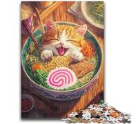 Puzzles pour Adolescents 1000 pièces Chaton Mangeant des Nouilles Jeux de détente Jeu éducatif pour Anniversaire, Noël pour et jusqu'à 14 Ans 50x75cm