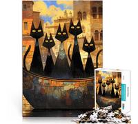 Puzzles pour Adolescents 1000 pièces Chats Noirs du Moyen Âge dans Une gondole à Venise Jouets de Jeu Super Cadeau 52x38cm