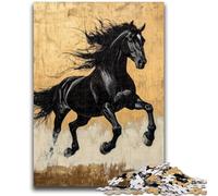 Puzzles pour Adolescents 1000 pièces Cheval Noir et doré Anti-Stress Défi Difficile À Offrir en Cadeau pour Toute la Famille 26x38cm