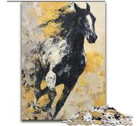 Puzzles pour Adolescents 1000 pièces Cheval Noir et doré, Anti-Stress, défi Difficile avec Affiche et fiche de Questions correspondantes 38x26cm