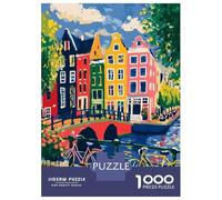 Puzzles Pour Adolescents 1000 Pièces Colorful Amsterdam Canal Scene with Bicycles Puzzle Pour Adolescents - Idéal Pour Passer Le Temps À La Maison, Pour Un Anniversaire, Noël, Des Jeux En Famille Et D