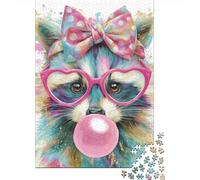 Puzzles pour Adolescents 1000 Pièces Colorful Raccoon with Bow Puzzle Jeux Relaxants Défi Difficile Activités Amusantes À La Maison 70x50cm/1000pcs