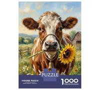 Puzzles pour Adolescents 1000 Pièces Cow Holding Sunflower in Field Puzzles pour Adultes Puzzle pour S'amuser en Famille Stimule Le Cerveau pour Les Jeux 70x50cm/1000pcs