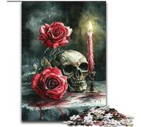 Puzzles pour Adolescents 1000 pièces Crâne Rose Rouge Bougie, Jeu intellectuel pour renforcer l'amour Entre Couples à partir de 14 Ans (Taille 50x75cm)