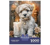 Puzzles Pour Adolescents 1000 Pièces Cute Puppy with Candle And Roses Puzzle Pour Adolescents Course De Vitesse Manuelle Difficile Et Stimulant Jeu Amusant Et Stimulant Pour Toute La Famille 52x38cm/1