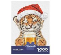 Puzzles pour Adolescents 1000 Pièces Cute Tiger Cub in Santa Hat with Beer Puzzles pour Adultes Jeu De Réflexion Décoration Intérieure Interaction Parent-Enfant 70x50cm/1000pcs