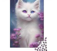 Puzzles pour Adolescents 1000 Pièces Cute White Kitten with Purple Flowers Puzzle pour Adolescents Améliore La Mémoire Difficile À Compléter Jeu Stimulant Jouets 52x38cm/1000pcs