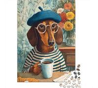 Puzzles Pour Adolescents 1000 Pièces French Bulldog with Coffee Puzzle Pour Adolescents Course De Vitesse Manuelle Difficile Et Stimulant Jeu Amusant Et Stimulant Pour Toute La Famille 52x38cm/1000pcs