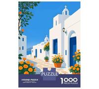 Puzzles pour Adolescents 1000 Pièces Greek Island Street with Cat Puzzles pour Adultes Assemblage De Modèles De Puzzles Stimulants Amusant en Famille Et Soirée Jeux 52x38cm/1000pcs