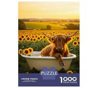 Puzzles pour Adolescents 1000 Pièces Highland Cow in Bathtub with Sunflowers Puzzle À Faire Soi-même, Jouet Anti-Stress, Interaction Parent-Enfant 52x38cm/1000pcs