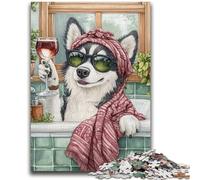 Puzzles pour Adolescents 1000 pièces Husky dans la Salle de Bain 1000 pièces pour Adultes, Jeux éducatifs en Famille, décoration d'intérieur, Cadeau 50x75cm