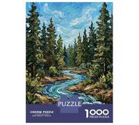Puzzles pour Adolescents 1000 Pièces Impressionist River Through Pine Forest Puzzle pour Adolescents Améliore La Mémoire Difficile À Compléter Jeu Stimulant Jouets 52x38cm/1000pcs