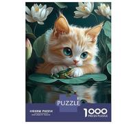 Puzzles pour Adolescents 1000 Pièces Kitten and Frog on Lily Pad Cornish Rex Cat Puzzle À Faire Soi-même, Jouet Anti-Stress, Interaction Parent-Enfant 52x38cm/1000pcs