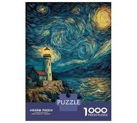Puzzles pour Adolescents 1000 Pièces Lighthouse at Night with Swirling Sky Puzzle Adulte Jeux De Société en Famille Anti-Stress Jeu Stimulant Cadeaux 52x38cm/1000pcs