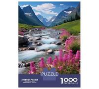 Puzzles pour Adolescents 1000 Pièces Mountain River with Pink Flowers Puzzles pour Adultes Jeux Amusants Et Humoristiques Cadeaux De Noël Et d'anniversaire 52x38cm/1000pcs