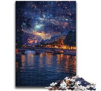 Puzzles pour Adolescents 1000 pièces Nuit étoilée sur la Seine Anti-Stress Staycation Tuer Le Temps avec Affiche Assortie et Feuille de Questions 26x38cm