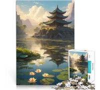 Puzzles pour Adolescents 1000 pièces Paysage animé Lo-FI d'une pagode sereine au Bord du lac Jeux Amusants décoration Murale 52x38cm