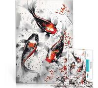 Puzzles pour Adolescents 1000 pièces Peinture à l'aquarelle de Poisson Koi Jeux Amusants avec Affiche et Feuille de Questions correspondantes 75x50cm