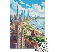 Puzzles pour Adolescents 1000 Pièces Shanghai Skyline with Bund Puzzles pour Adultes Puzzle pour S'amuser en Famille Stimule Le Cerveau pour Les Jeux 70x50cm/1000pcs
