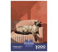Puzzles Pour Adolescents 1000 Pièces Sleeping Siamese Cat on Striped Couch Puzzle Pour Adolescents - Idéal Pour Passer Le Temps À La Maison, Pour Un Anniversaire, Noël, Des Jeux En Famille Et Des Soir