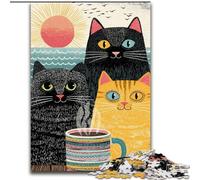 Puzzles pour Adolescents 1000 pièces Trois Chats Buvant du café, activité familiale pour renforcer l'amour Entre Couples à partir de 14 Ans 26x38cm
