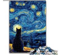 Puzzles pour Adolescents 1000 pièces Van Gogh Ciel Nocturne Chat Noir, Anti-Stress, défi Difficile, décoration d'intérieur (Taille 50x75cm)