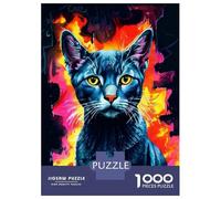 Puzzles pour Adolescents 1000 Russian Blue Cat in Flames Puzzle Adulte Casse-tête Jeu De Vitesse Manuelle pour Anniversaire, Noël 70x50cm/1000pcs