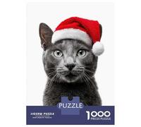 Puzzles pour Adolescents 1000 Russian Blue Cat with Santa Hat Puzzle Adulte Casse-tête Jeu De Vitesse Manuelle pour Anniversaire, Noël 70x50cm/1000pcs