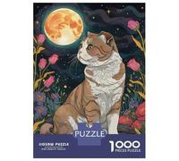 Puzzles pour Adolescents 1000 Scottish Fold Cat Under The Moon Puzzle Adulte Casse-tête Jeu De Vitesse Manuelle pour Anniversaire, Noël 52x38cm/1000pcs