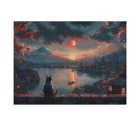 Puzzles pour Adolescents 1000pcs(52x38cm) Cat Watching Sunset Over Japan Puzzles pour Adolescents, Jouets Anti-Stress, Une Œuvre d'art, Activités Amusantes À La Maison, 1000pcs(52x38cm)