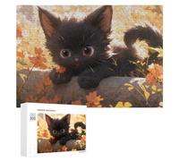 Puzzles pour Adolescents 300 PCS Adorable Black Kitten in Flowers Puzzle Anti-Stress, Jouet Idéal pour Une Décoration Amusante À La Maison, 300 PCS