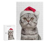 Puzzles pour Adolescents 300 PCS American Shorthair Cat with Santa Hat Portrait Puzzles pour Adolescents, Jouets Anti-Stress, Décoration Murale, Cadeaux d'anniversaire Et De Noël Uniques 300 PCS